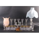 A selection of glassware comprising a set of six gilt border tumblers, 10cm, ten ‘Stuart’ trumpet