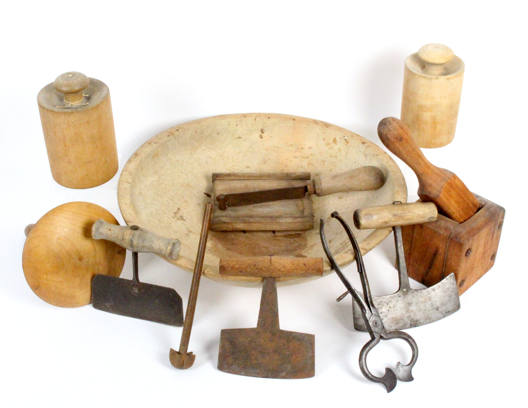 A collection of treen and domestic utensils comprising a sycamore dairy bowl, 42cm dia, three