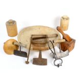 A collection of treen and domestic utensils comprising a sycamore dairy bowl, 42cm dia, three