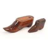 Two 19th Century wooden shoe form snuff boxes comprising a large example with carved decoration
