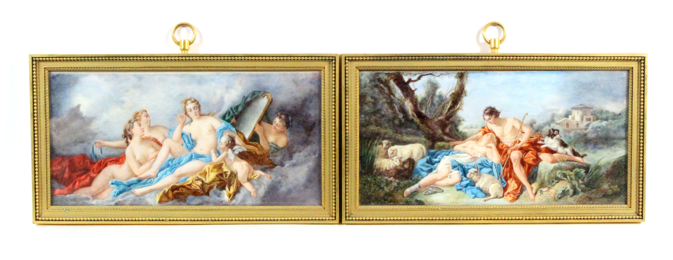 After Boucher The toilet of Venus; Venus and Adonis Watercolours on ivory 6” x 13” A pair (2)