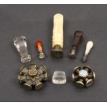 Eight 19th Century desk seals comprising a bone handle example, 8cm, a pearl handle example and