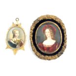 Two 19th Century oval miniatures comprising an example on ivory depicting waist length a woman in