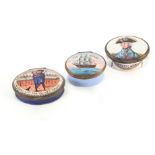 Three 19th Century oval enamel boxes one with lid panel “The Victory” 4.2cm, another with portrait