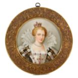 A painted circular porcelain plaque depicting Mary Queen of Scots, bears signature “O’Brun”, 13.