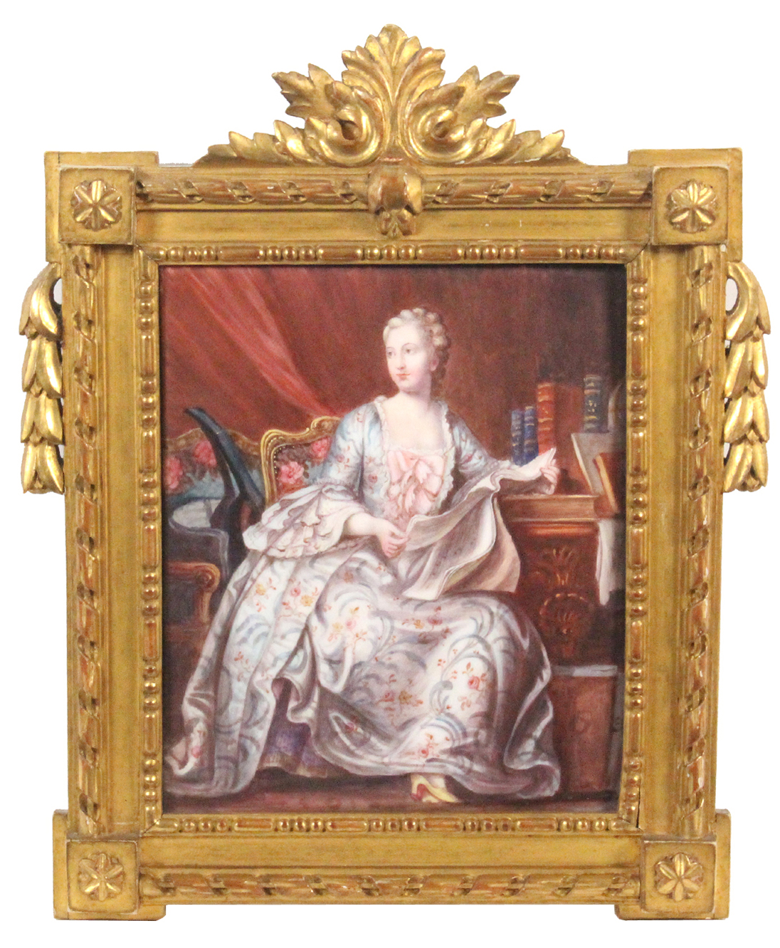 A French enamel plaque - early 20th century, depicting Madame Pompadour, seated, reading a paper