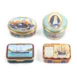 Four enamel boxes by Halcyon Days comprising Charles II, Restoration of the Monarchy, 62/200, 6cm