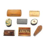 Eight 19th Century and later snuff boxes comprising an oval section wooden example with full