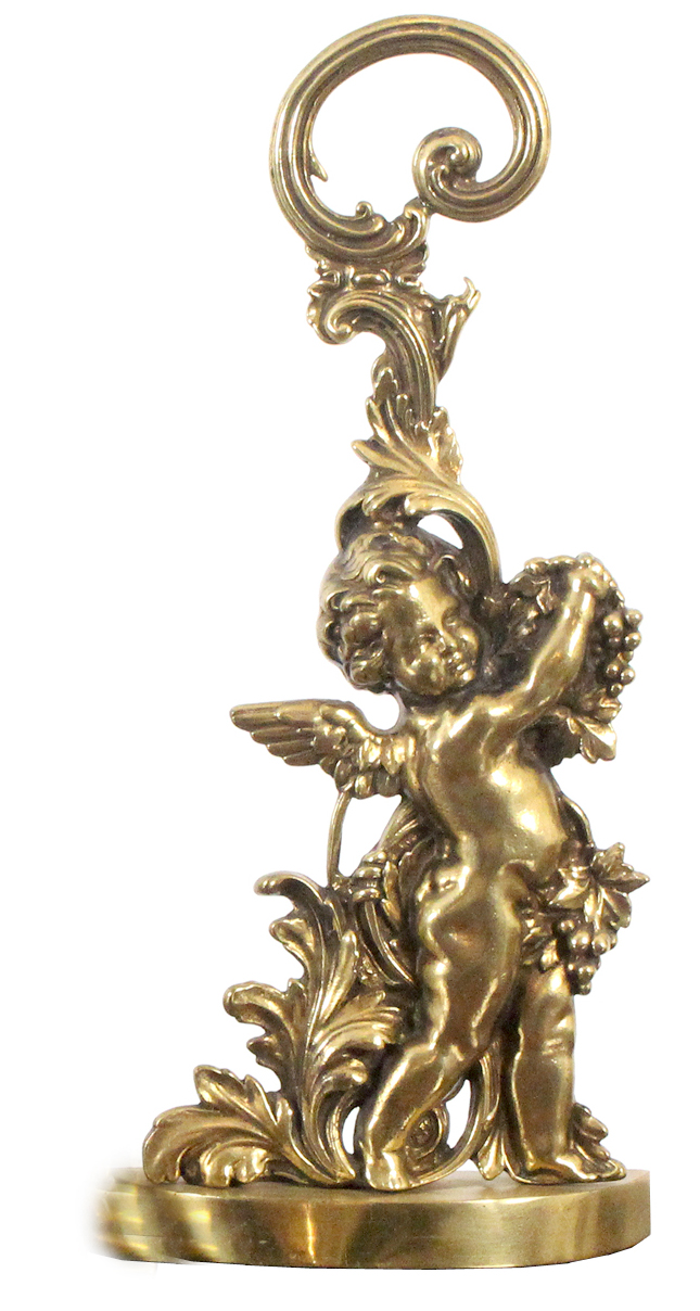 A brass door stop, cast as Cupid amid vine leaves, 49cm high