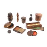 Treen and games comprising an olive wood barrel, 7.2cm, a turned tapering box, base uneven, 6cm, a