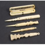 An ivory toothpick box and four bone implements, the toothpick case of rounded end rectangular