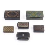 Six papier machè 19th Century snuff boxes comprising two Tartan pattern examples, 7.7 and 4.5cm, and