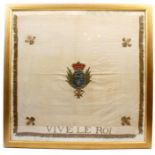 A French revolutionary gold thread and silk banner centered by a coat of arms with fleur de lis