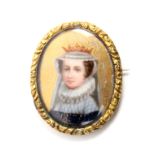 An oval miniature, head and shoulders of a woman crowned, ruff collar and blue jewelled dress, on