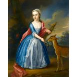 Thomas Gibson, London 1680 - 1751, Portrait of a Girl feeding a deer, Oil on Canvas, 27 x 103 cm