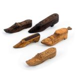 Five various carved wooden shoe snuff boxes including a chip carved love token example ‘Mary It Is