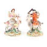A pair of Derby figures of the Welsh Tailor and his wife, circa 1780-1800, each seated on a goat, he