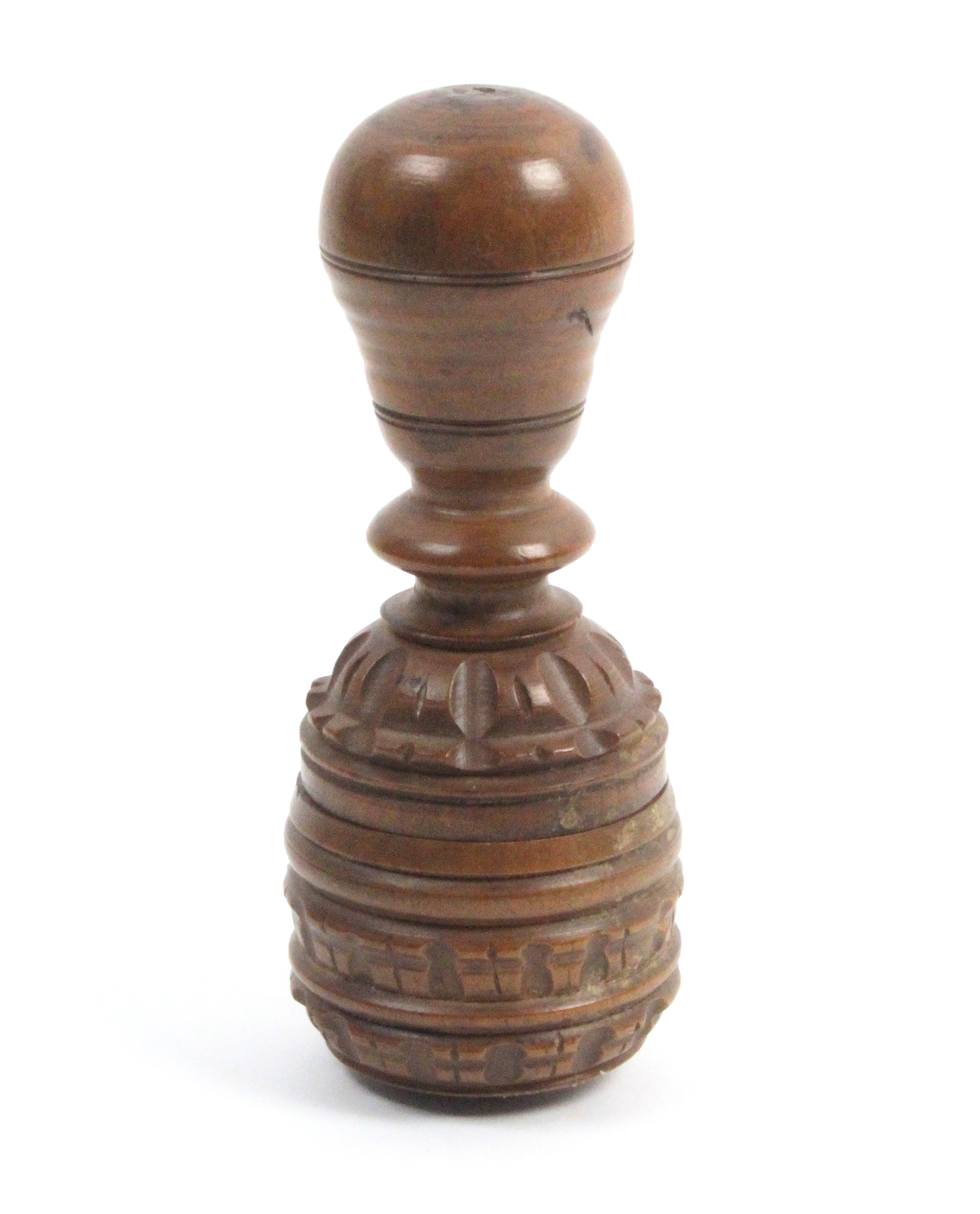 An unusual 19th Century seal contained in a turned and carved gavel form case with printed label ‘ - Image 2 of 2
