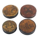 Four 19th Century circular print decorated papier mache snuff or table boxes, one with titled