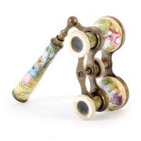 A set of late 19th century opera glasses, with mother of pearl eye rims, the grips in enamel painted