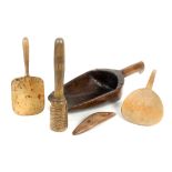 Five treen utensils all 19th Century comprising a scoop with metal re-enforce and branded ‘AVP’,