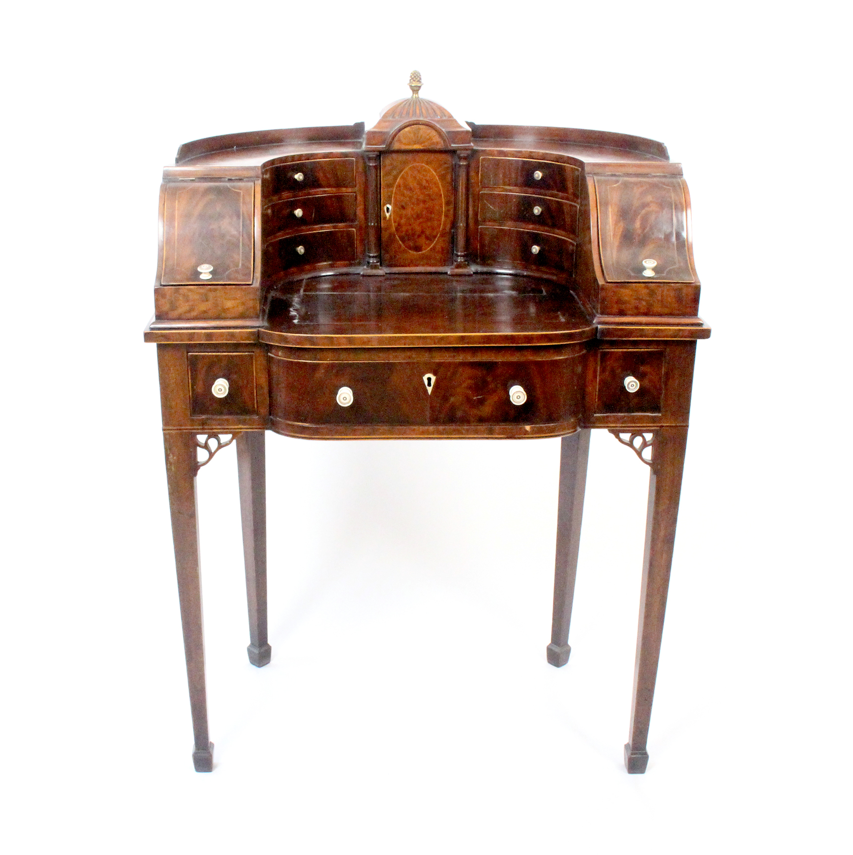 A late 19th century Sheraton style lady’s writing table, the concave superstructure centred by a - Image 2 of 2