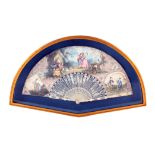 A 19th century Chinese fan, the panel painted with European figures at a tavern, with two flanking