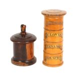 A 19th Century spice tower and a string box, the spice box of four whitewood cylinder parts, two