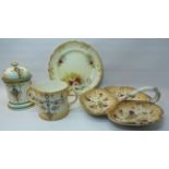 A Fieldings floral decorated three division Hors d'oeuvre Dish, a Crown Devon two handled mug, a