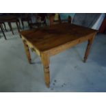 A Victorian pine oblong Kitchen Table with single end drawer on turned supports. 3' 9" (114cms) x 2'