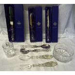 An Edinburgh Crystal Cheese Knife, boxed, a pastry server boxed and a bread knife boxed together