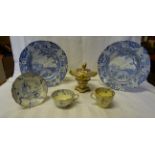 A pair of Brameld "Castle of Rochefort" blue and white printed Soup Plates, a Rockingham trio of tea