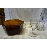 An etched glass Decanter and stopper, French moulded glass comport, amber glass bowl decorated