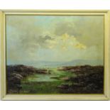 LEWIS CREIGHTON; sheep in a moorland landscape, Oil on Board, signed. 15 1/2" (39cms) x 19 1/2" (