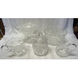 A heavy cut glass Fruit Bowl, 9" (23cms) diameter, matching pedestal vase, cut glass biscuit