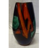 A Poole Pottery Vase of compressed oval design decorated with a geometric abstract design in orange,