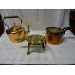 A Victorian copper Saucepan with steel handle and lid. 7" (17cms) diameter, a copper kettle and