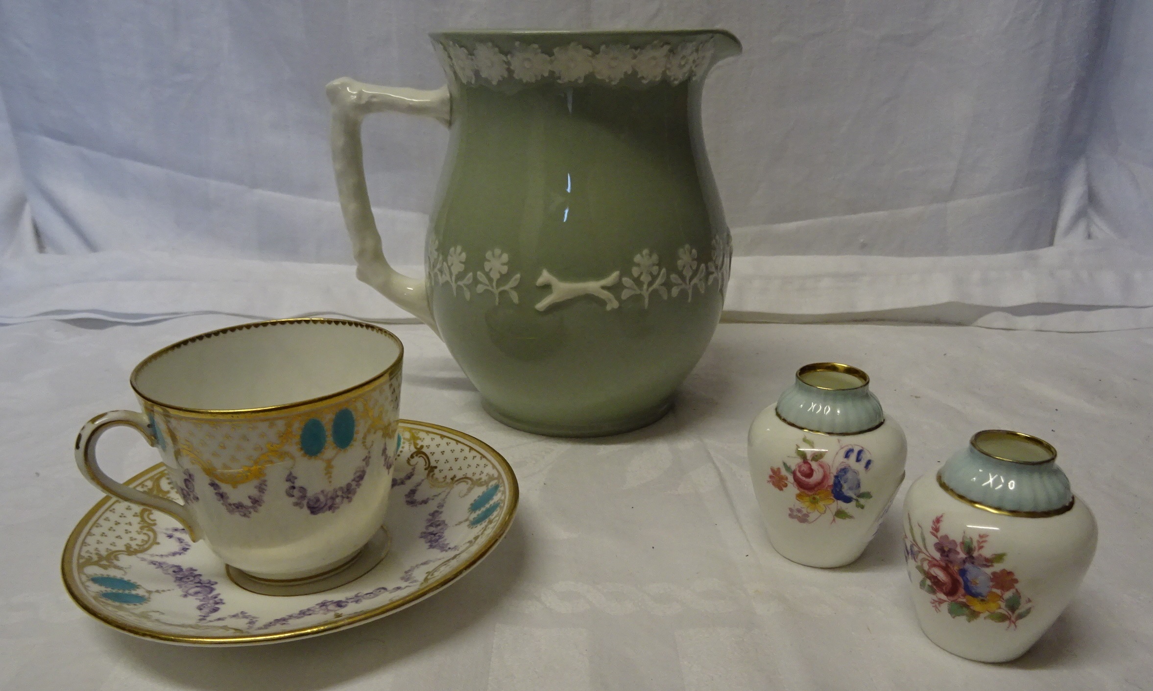 A pair of small Paragon floral decorated vases, 2 1/2" (6cms) high, a Copeland Spode hunting jug and