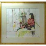 VANESSA MILNE; seated female figure wearing a red dress, Watercolour, signed and dated 1988. 15" (