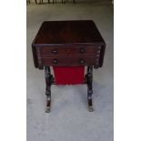 A Regency mahogany Sewing/Writing Table with 'D' shape drop leaves, two end drawers, one fitted with