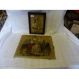 A 19th century French Fashion Montage, framed, 8 1/2" (20cms) x 6 " (15cms), and a Needlework