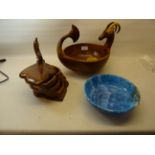 An Egyptian wooden Bowl with antelope head carving, an Egyptian Trinket Box and a blue circular