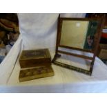 A straw work oblong Box and Cover, small swing toilet mirror, two prints and other items.