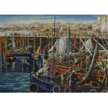 •CLARENCE E BLACKBURN (1914-1984); Bridlington Harbour with fishing boats, figures etc, watercolour,