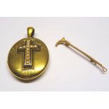 A 9ct gold riding crop Bar Brooch and an oval Locket set with a seed pearl and enamel cross.