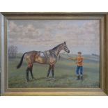 MAJOR A CATTLEY (1896-1978); The Racehorse 'Rio Santo' in a field with his lad, Oil on Board, signed