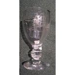 A glass Goblet by David Williams, etched with a three masted sailing ship, on a cushion knop stem,