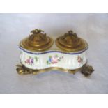 A 19th Century double Inkstand with gilt metal inkwells and covers, decorated with small sprays of