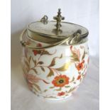 A late Victorian Wedgwood Biscuit Barrel decorated with Japanese flowers in orange and gilt with