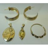 A 9ct. twisted gold Ring, gold pendant with navette shape citrine, pair of hoop earrings and a